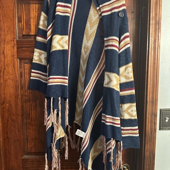 Open Front Oversized Fringe Cardigan with Cowl Button Up Navy - Picture 6 of 9